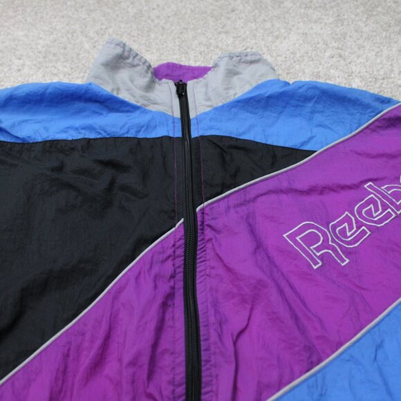 VTG Reebok Windbreaker Mens Medium Purple/Blue/Black Spell Out Jacket Coat - Picture 4 of 14